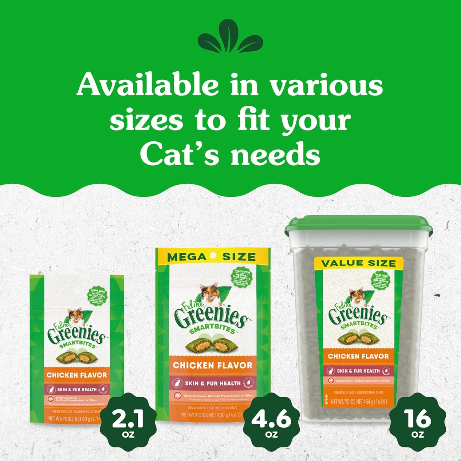 Feline Smartbites Skin & Fur Health Crunchy and Soft Cat Treats, Chicken Flavor, 16 Oz. Tub