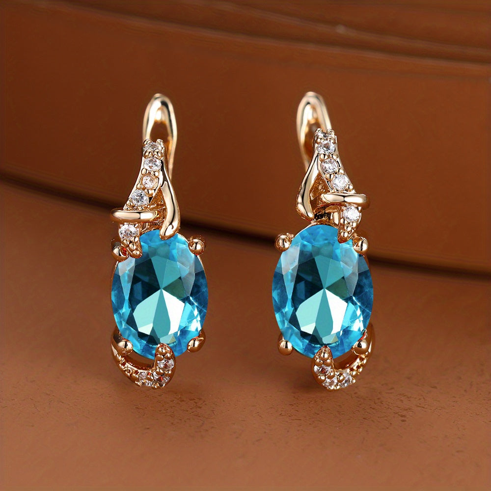 18K Gold Plated Blue Stone Stud Earrings Trendy Women Round Oval Cut White Blue Red Pink Stone Drop Earrings Anniversary Claw Earrings Jewelry