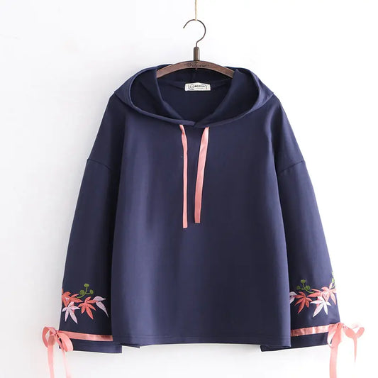 Floral Embroidery Hooded Tracksuit with Flare Sleeves