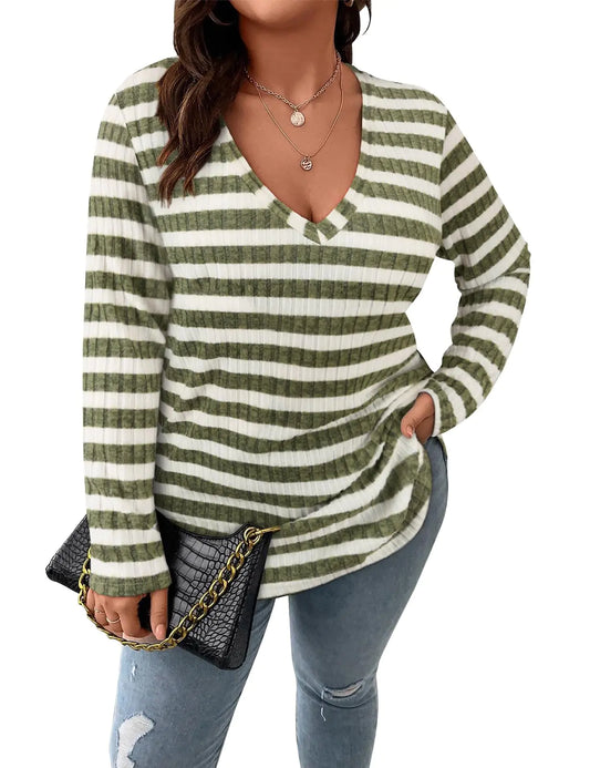 Koscacy Plus Size Fall Outfits for Women Cute Green Striped Color Block Tunic Tops Teacher Shirt Womans Shirts Postpartum Clothes Party Club Night Clothing Striped Sweater 2XL