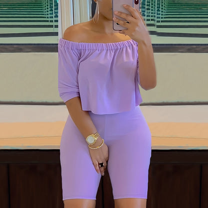Sexy Solid Fashion Pantsuits Two-piece Set, Off Shoulder Short Sleeve Tops & Slim Shorts Set, Women's Clothing