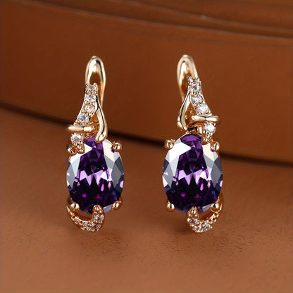 18K Gold Plated Blue Stone Stud Earrings Trendy Women Round Oval Cut White Blue Red Pink Stone Drop Earrings Anniversary Claw Earrings Jewelry