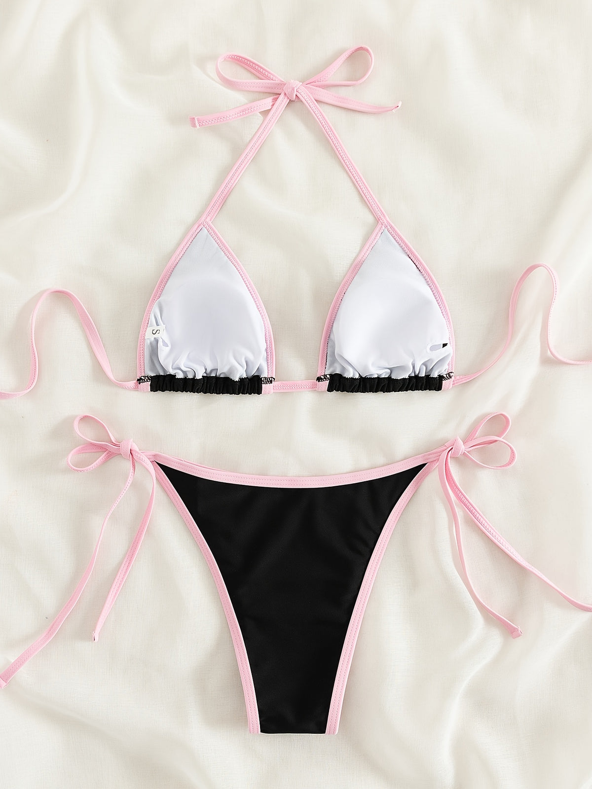 Contrast Trim Tie Side 2 Piece Bikini Swimsuit, Triangle Halter Tie Back Neck Stretchy Beachwear, Cute & Sexy, Women's Swimwear & Clothing