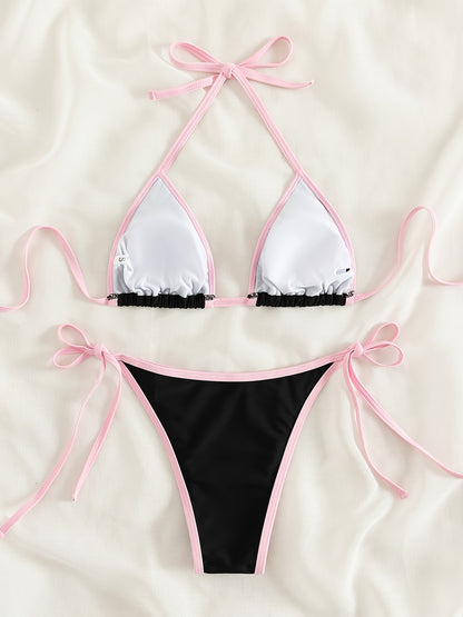 Contrast Trim Tie Side 2 Piece Bikini Swimsuit, Triangle Halter Tie Back Neck Stretchy Beachwear, Cute & Sexy, Women's Swimwear & Clothing