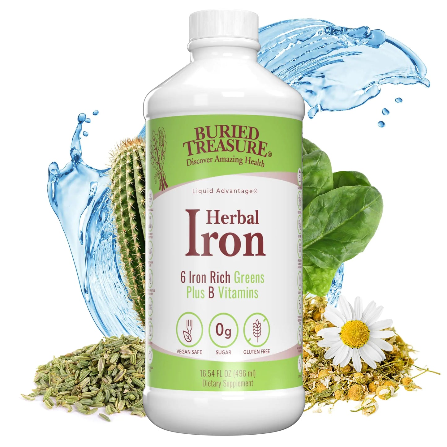 Buried Treasure Herbal Iron - 48 Servings Liquid Iron and Herbal Supplement Vitamin C & B Complex Vitamins Iron-rich Greens Vegan Iron for Men and Women