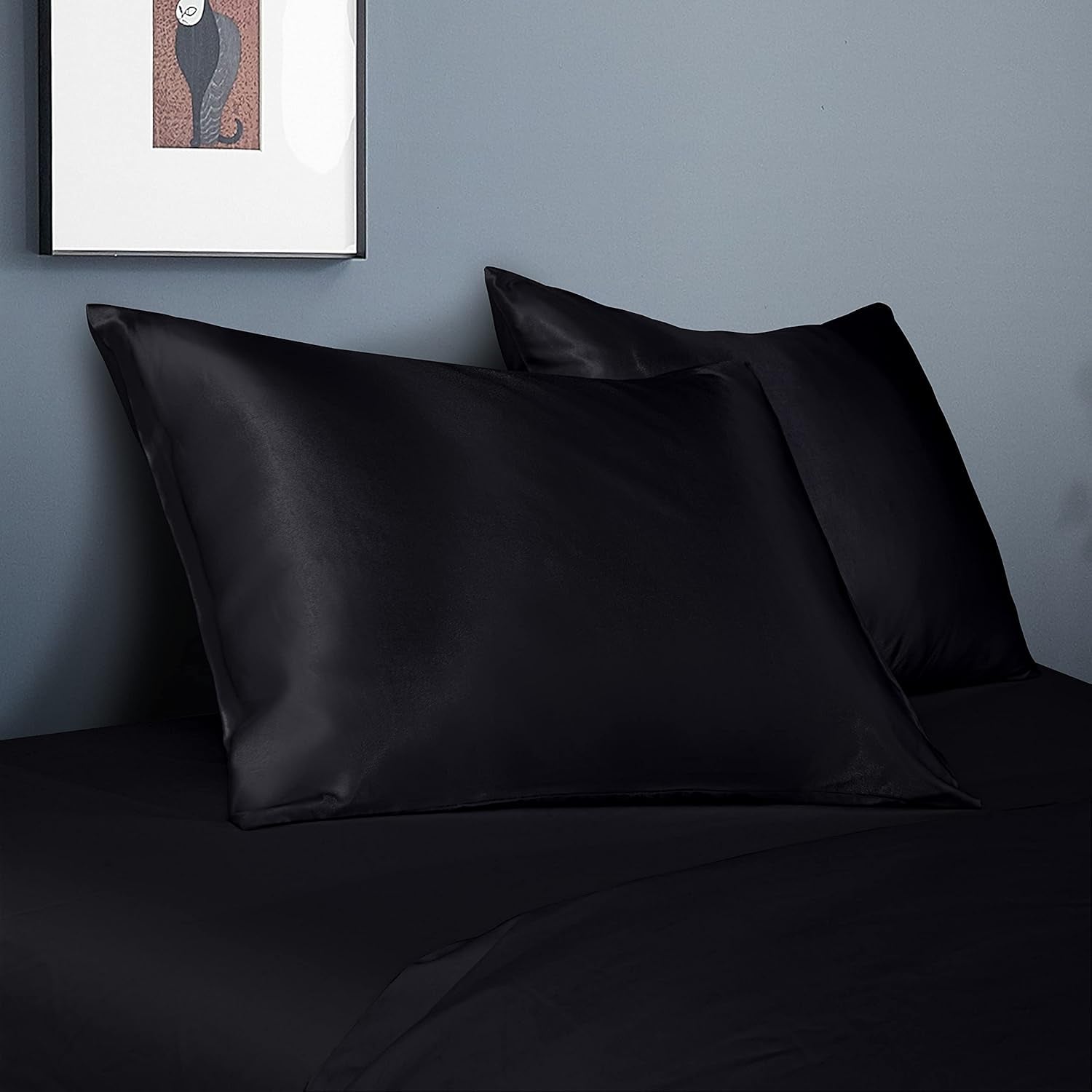 2 Pack Queen Silk Satin Pillowcases for Hair and Skin, Silky Soft and Luxurious Bedding Pillow Cases with Envelope Closure, 20X30 Inches, Black