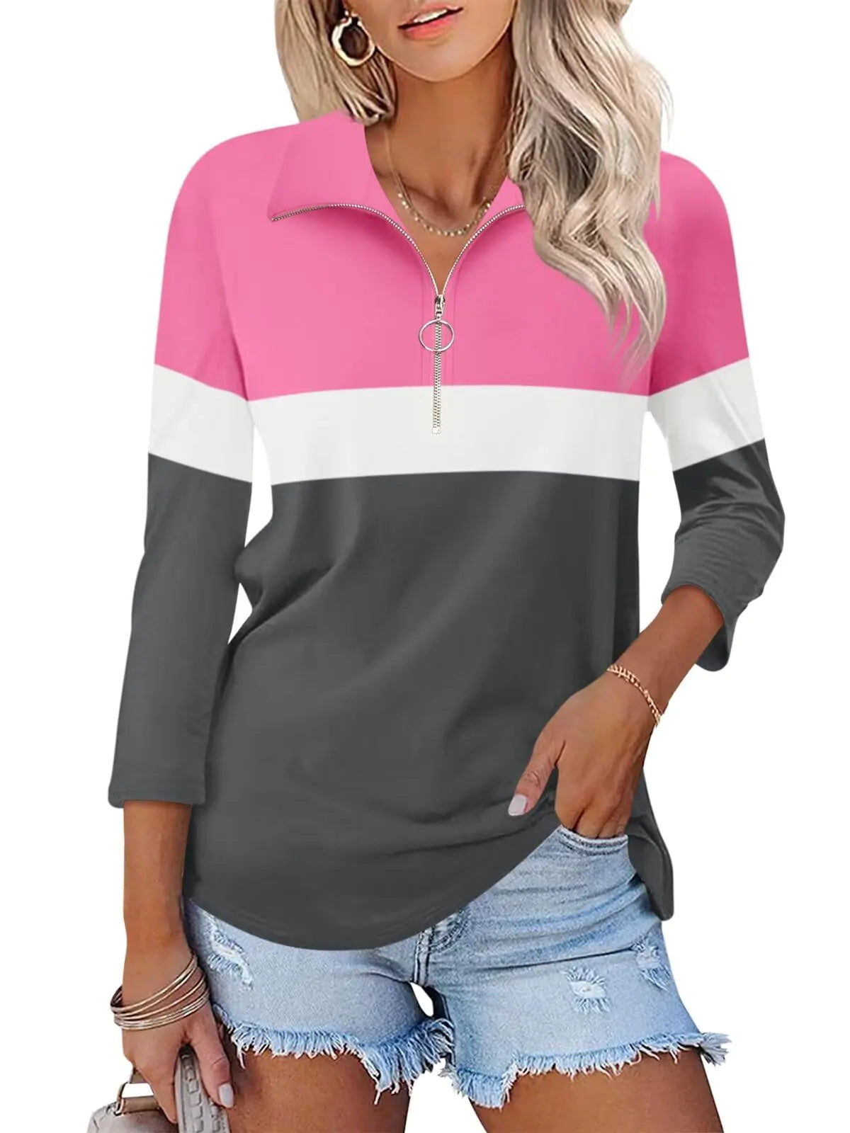 Minetom Womens V Neck 3/4 Sleeve Tops Quarter Zip Collared Shirts Color Block Polo Shirts Summer Tees