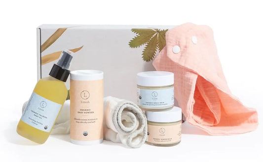 Lizush Organic New Baby Gift Set - 6-Piece Newborn Essentials with Gentle Baby Skincare Products Dribble Bib and Baby Towel Burp Cloth for Baby Girl or Baby Boy