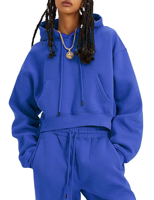 Flygo Womens Fleece 2 Piece Outfits Sweatsuit Crop Pullover Sweatshirt Joggers Pants Tracksuit Set(RoyalBlue-XL)