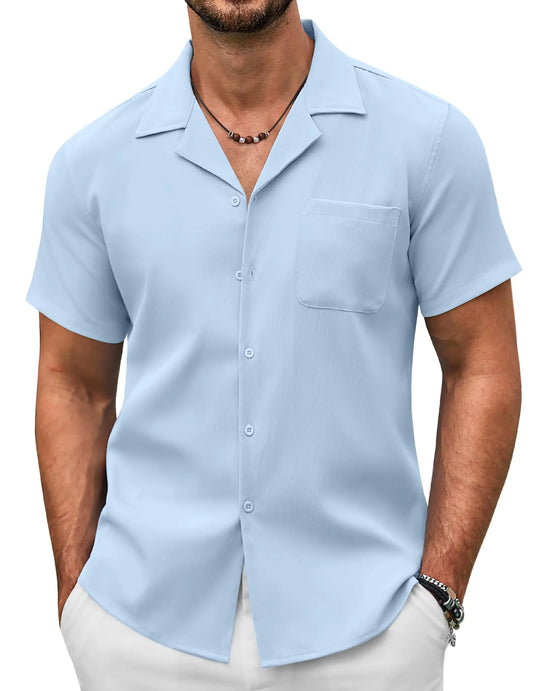 COOFANDY Linen Shirts for Men Short Sleeve Beach Shirt Button Down Cruise Shirt Light Blue