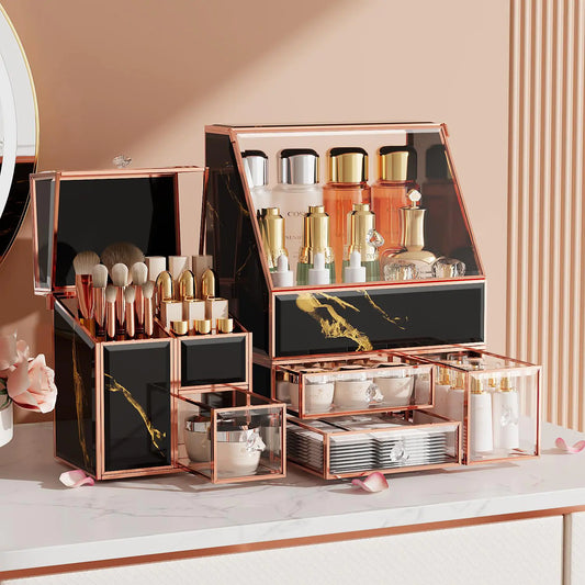 CoralHouse Black Makeup Organizer –Makeup Organizer for VanityMulti-Purpose Glass Makeup Organizer Countertop Large Skincare Organizers Exquisite Vanity Organizer