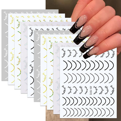 ROFIBUT French Nail Art Stickers Curve Line Nail Decals 3D Self-Adhesive Metal U-Shaped Lines Stripe Nail Sliders Holographic Gold Silver Line Design for Women Girls Nail Decorations 10 Sheets