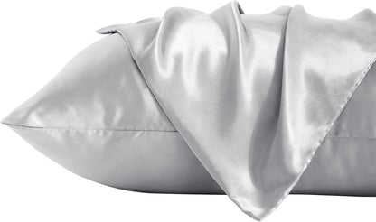 2 Pack Queen Silk Satin Pillowcases for Hair and Skin, Silky Soft and Luxurious Bedding Pillow Cases with Envelope Closure, 20X30 Inches, Silver Grey