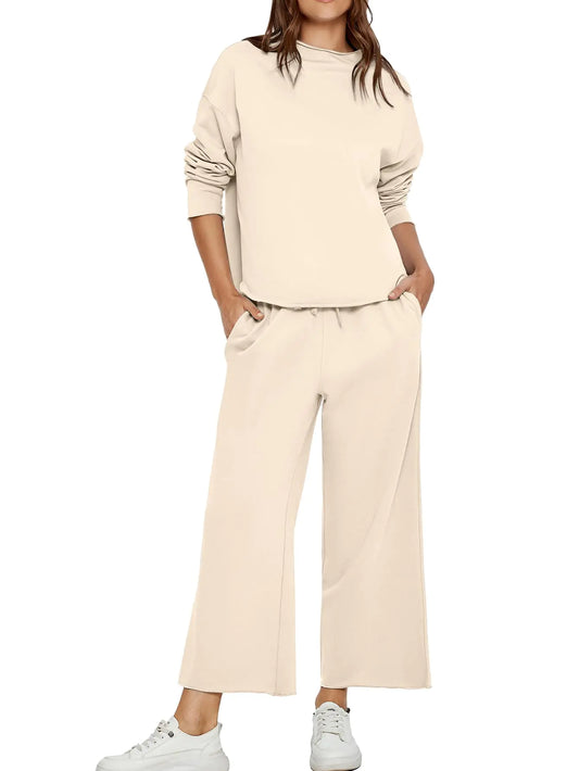 Glamaker Womens Two Piece Lounge Matching Set Casual Loose Athleisure Fall Tracksuit Airplane Winter Outfit With Pocket(ApricotSmall)