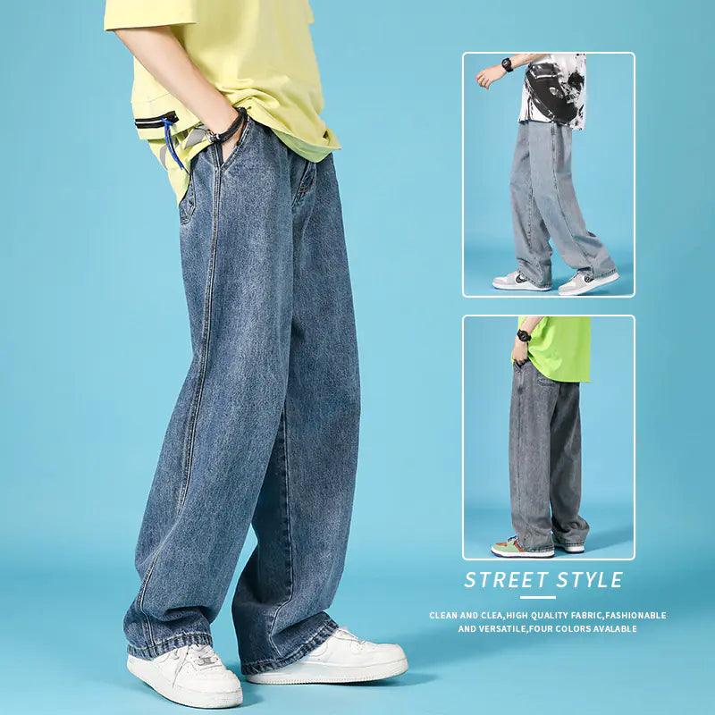 Men's Straight Loose Cargo Denim Pants with Zipper