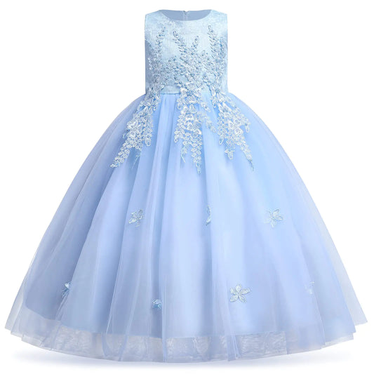Flower Girls Vintage Long Embroidery Floral Lace Bridesmaid Ball Gown Pageant Party Princess Puffy Tulle Maxi Dresses for Kids Beach Bunny Photo Shoot Sundress Light Blue-Applique 6-7 Years