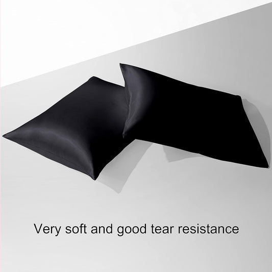 2 Pack Queen Silk Satin Pillowcases for Hair and Skin, Silky Soft and Luxurious Bedding Pillow Cases with Envelope Closure, 20X30 Inches, Black