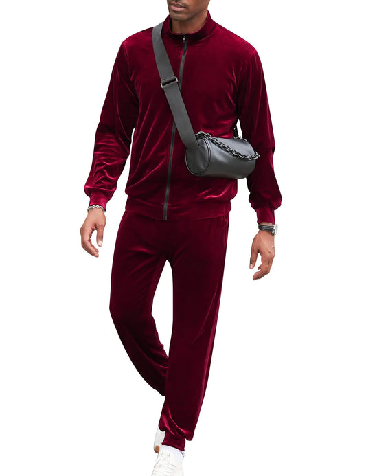 LecGee Mens 2 Piece Velour Outfits Full Zip Jacket Sweatshirt Tracksuit Joggers Sweatsuit Set with Pockets(RS)