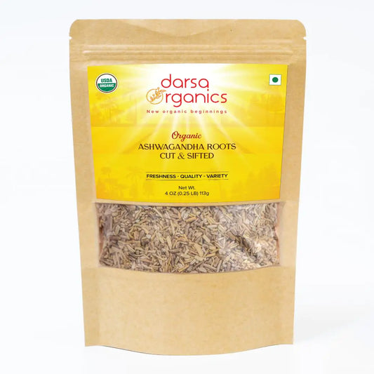 Darsa Organics Ashwagandha Root Cut & Sifted 4 oz - USDA Organic Ashwagandha Herb for Tea and Smoothies Non-GMO Organic India Ashwagandha Withania Somnifera Boosts Immunity & Digestion