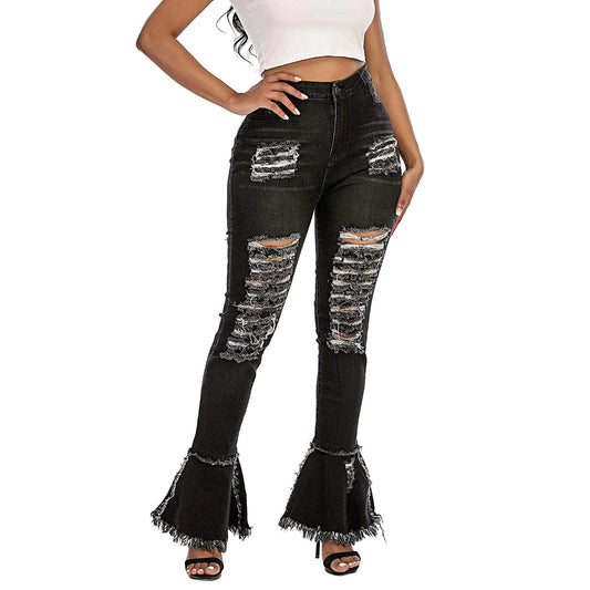 congluoki Ripped Jeans Womens High Waist Stretch Skinny Jeans Bell Bottom Distressed Flare Jeans Black L