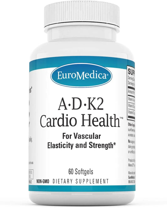 Euromedica A D K2 Cardio Health - Cardio Health & Vascular Elasticity and Strength Support - Cardiovascular Support Supplement with Vitamins A & D3 - Aids Blood Vessel Elasticity - 60 Softgels