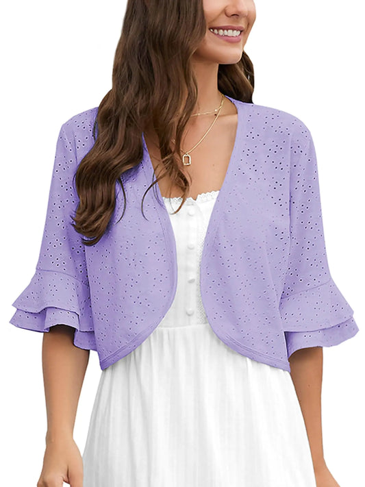Heymoments Womens Shrugs Double Ruffled Purple X-Large Summer Curve Open Front Crochet Hollow Out Lightweight Dressy Cardigan for Dresses