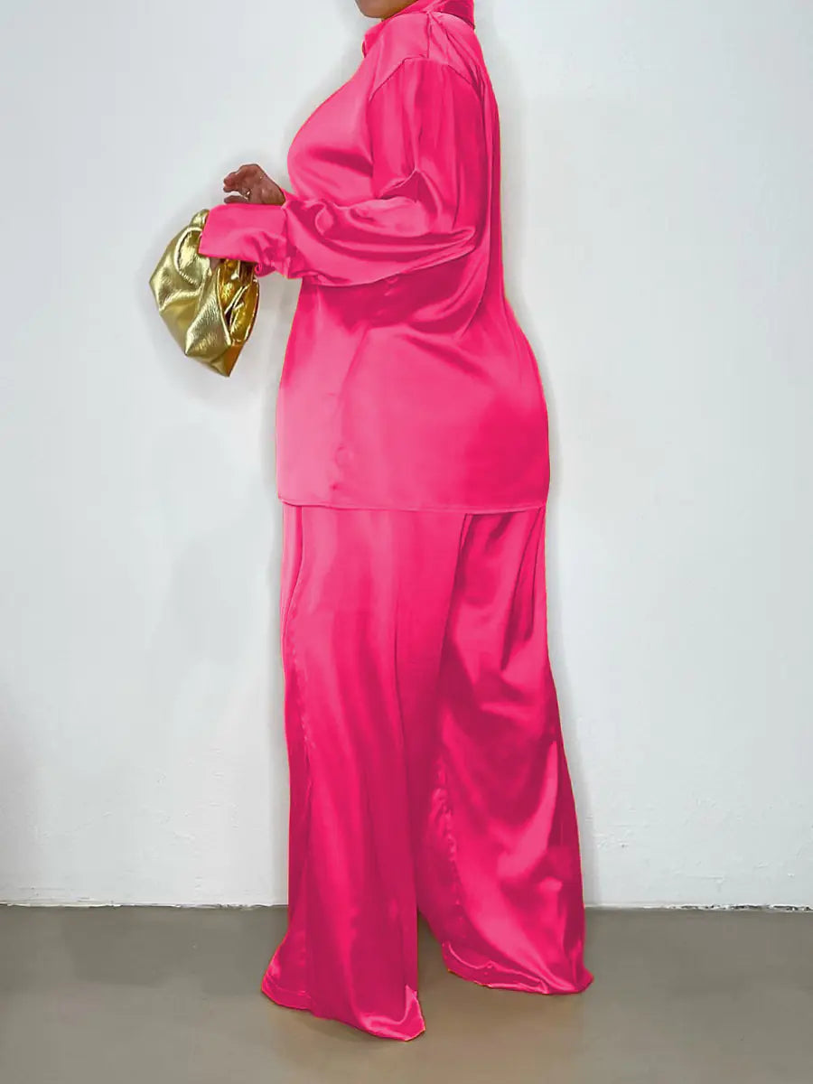 Elegant Plus Size Satin Tracksuit with Wide Leg Pants