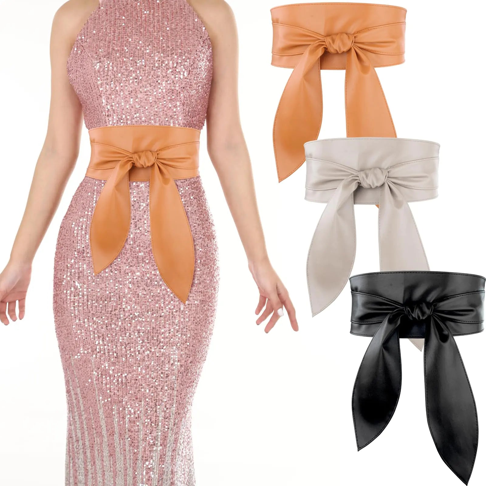 3 Pack Obi Belts for Women Fashion PU Leather Wrap Around Wide Corset Belt Waistband Knotted Cinch Wide Belts for Women Dresses (Large Black Brown Beige）