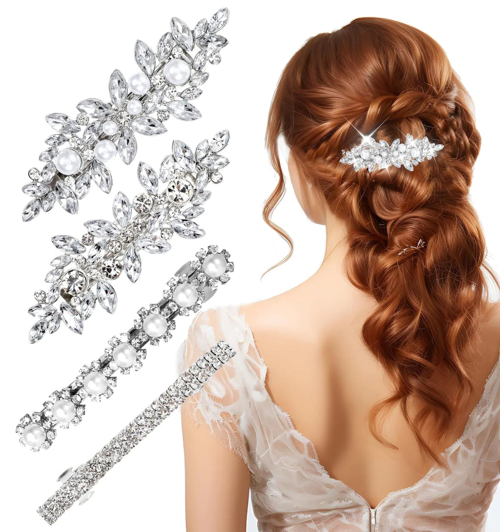 4 Pack Rhinestone Barrettes for Women Rhinestone Hair Clips for Women Silver Barrettes for Women Wedding Hair Clips for Women and Girls Bridal Wedding Parties Everyday (Pearl)