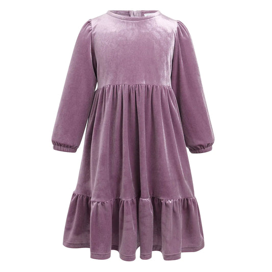 IDOPIP Toddler Baby Girls Velvet Tutu Dress Fall Winter Long Sleeve Princess Birthday Party Christmas Dresses Kids Pageant Wedding Communion Gown Vintage Ruffle Casual Holiday Outfit Purple 5-6 Years