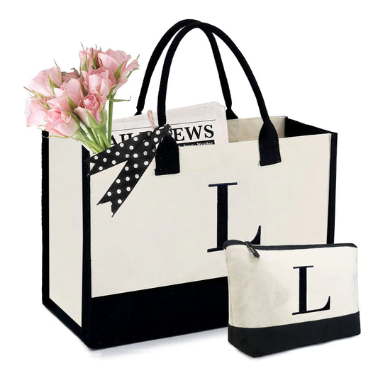 BeeGreen Personalized Gifts Bag for Mother Hostess Friends Birthday Wedding Bridesmaid Valentines Day Initial Canvas Tote Bag with Comestic Bag Monogram Tote Bags w Removable Bottom Letter L