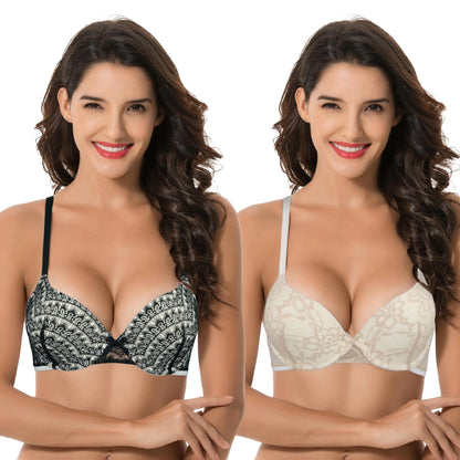 Curve Muse Womens Plus Size Perfect Shape Add 1 Cup Push Up Underwire Lace Bras-2Pk-BlackNude-32DD