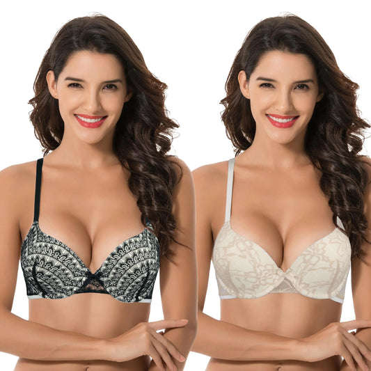 Curve Muse Womens Plus Size Perfect Shape Add 1 Cup Push Up Underwire Lace Bras-2Pk-BlackNude-32DD