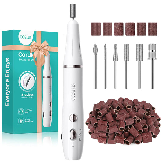 Cordless Nail Drill Electric File: COSLUS Portable Professional Nail Drill Kit for Acrylic Gel Dip Powder Nails Drill Machine with Everything Rechargeable Lightweight for Home Salon Manicure White