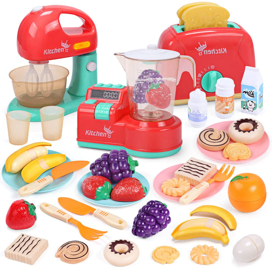 CUTE STONE Toy Kitchen Appliances Playset Kids Kitchen Toy Mixer and Blender with Sound & Lights Play Toaster Cutting Play Food Toddler Play Kitchen Accessories Set for Boys Girls