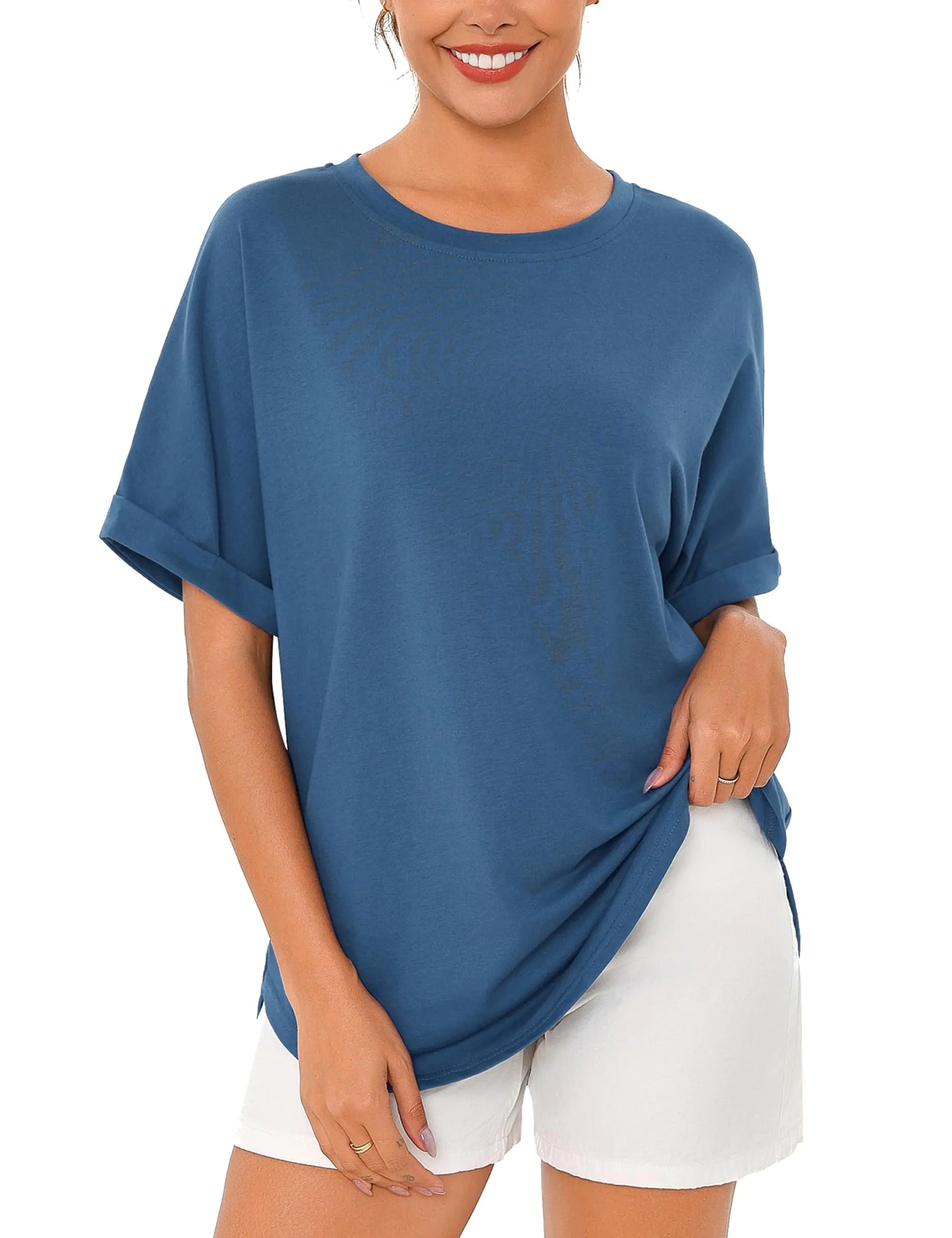 Totatuit Women Oversized T Shirts Vintage Basic Crewneck Boyfriend Tees Loose Fit Baggy Grunge Shirts Cotton Maternity Tops Blue Medium