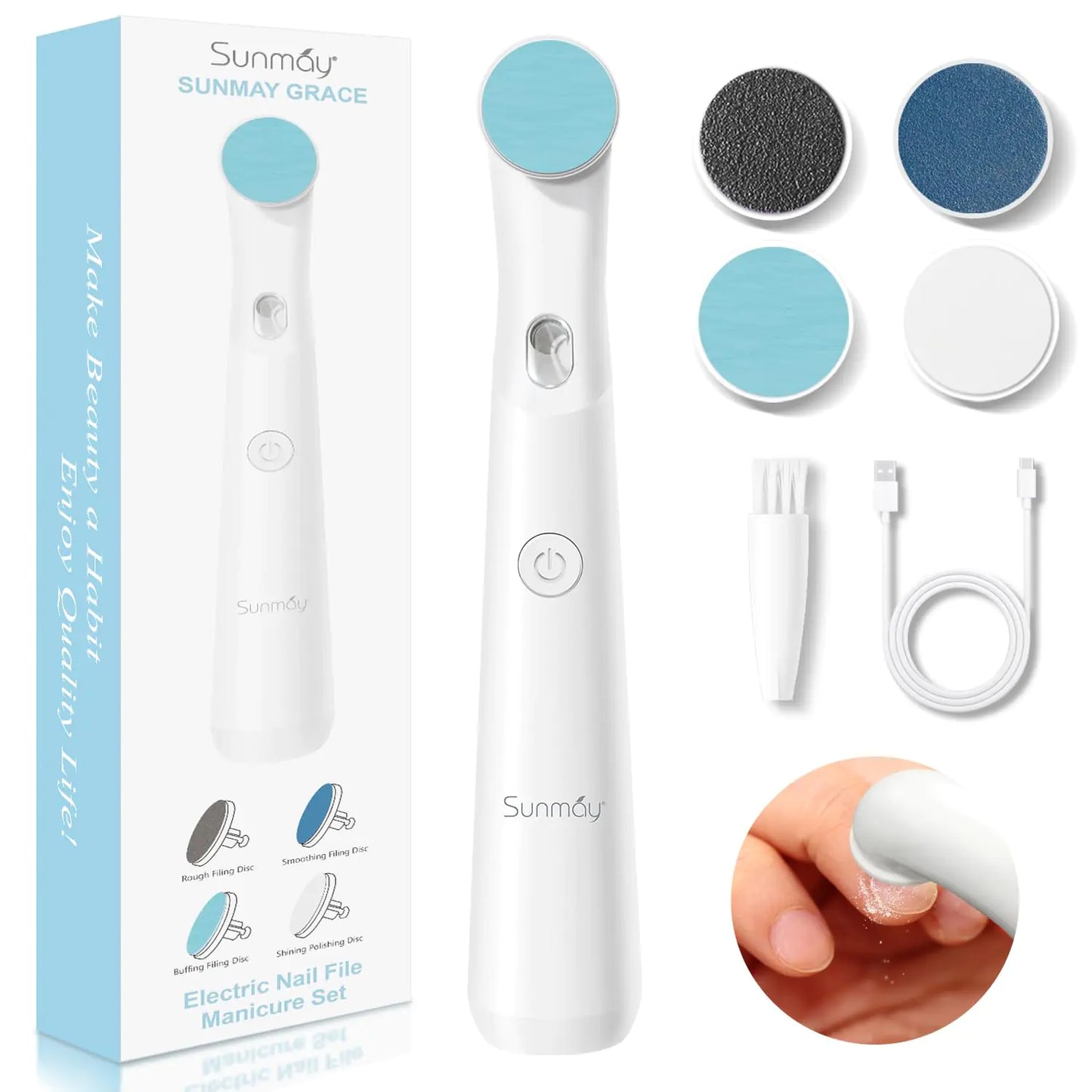 SUNMAY Electric Nail File Set Rechargeable Nail Files and Buffers for Women Natural Gel Nails Toenails Salon with 4 Filing Discs Professional Cordless Nail File Machine for Home Nail Pedicure