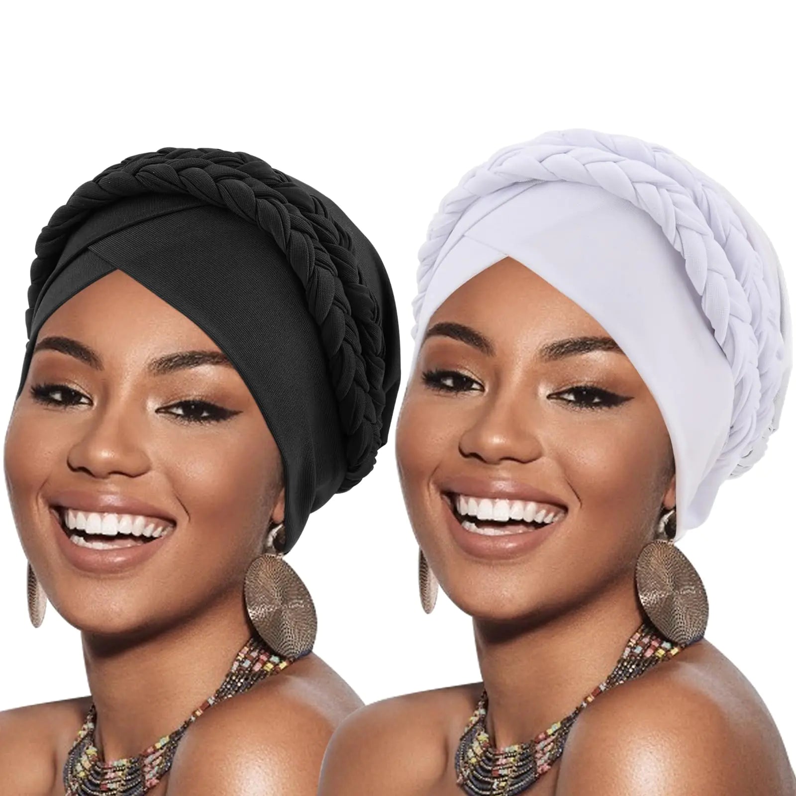 2 Pcs African Women Turban Caps Pre-Tied Twisted Turbans for Women Head Scarf for Women Hair Wraps Cover Beanie Cancer Chemo Headwear for Black Women