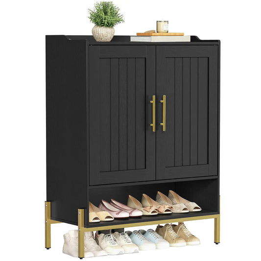 HOOBRO Shoe Cabinet 5-Tier Shoe Storage Cabinet Shoe Cabinet Storage for Entryway Shoe Organizer Cabinet with 3 Adjustable Shelves for Hallway Living Room Gold and Black DB41SC01