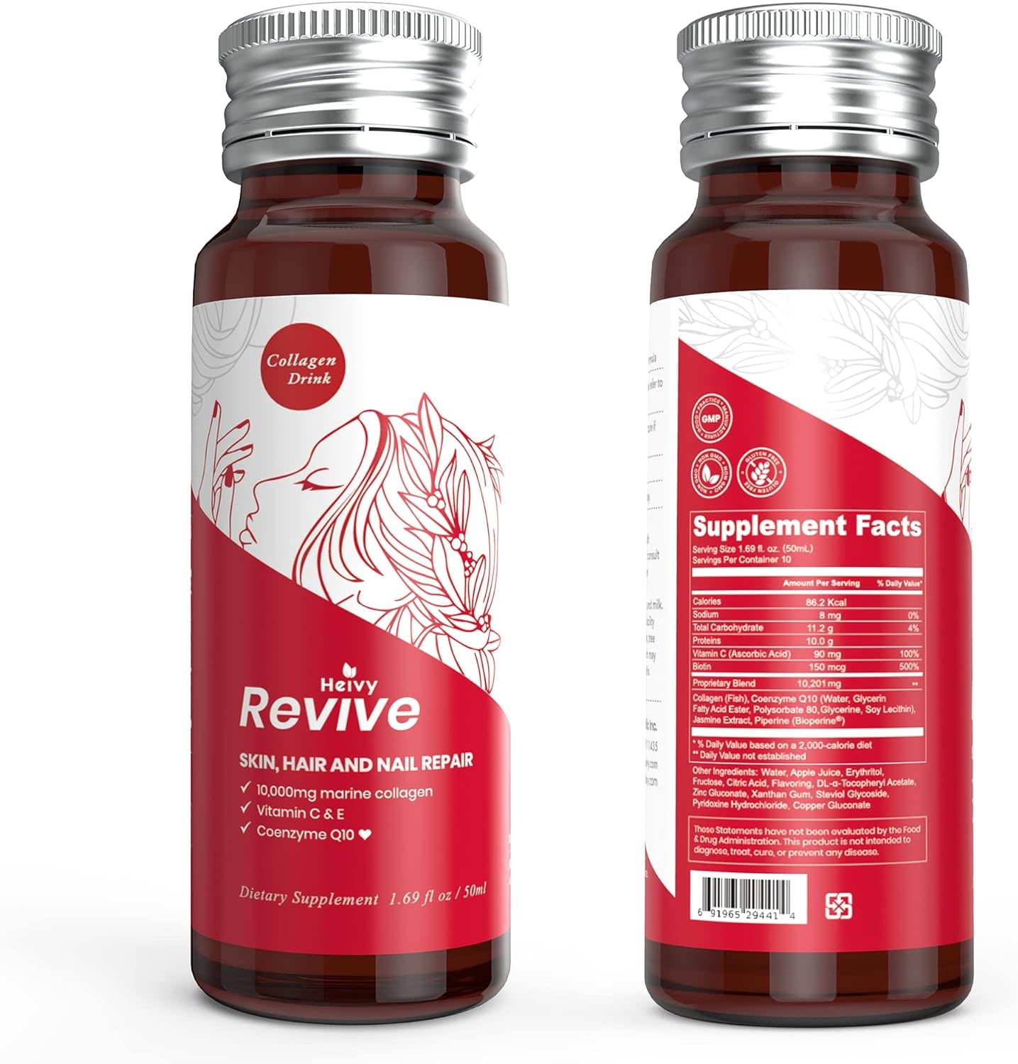 Liquid Collagen for Women, Collagen Drink with 10,000Mg Marine Collagen Peptides, Collagen Liquid for Women for Hair Growth, Skin Repair, Nail Strength, 1.69 Fl Oz (Pack of 10)