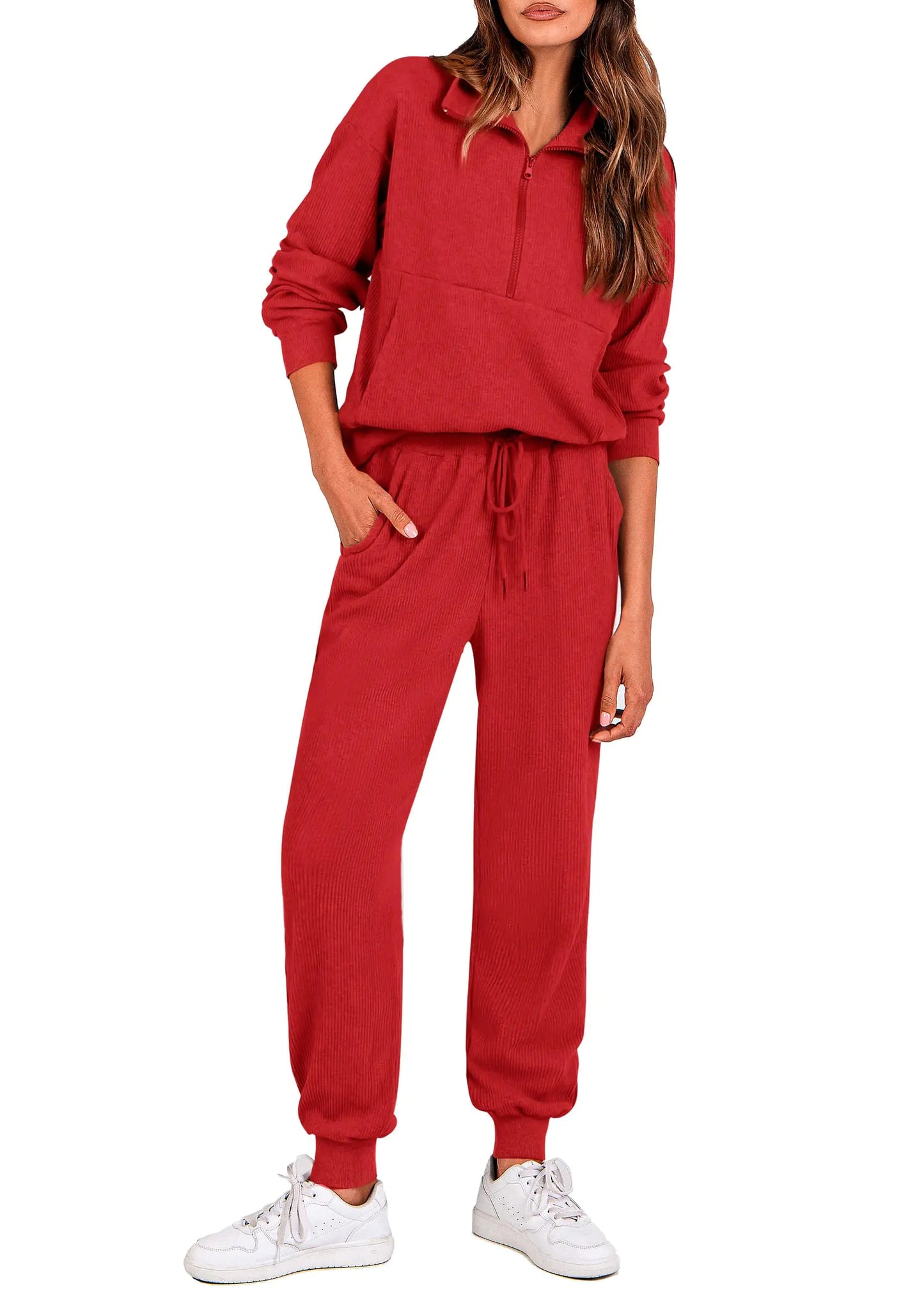 PRETTYGARDEN Womens 2 Piece Sweatsuits Set Long Sleeve Half Zip Pullover Sweatshirt Joggers Sweatpants Fall Outfits Tracksuit (RedSmall)