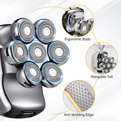 Men'S Electric Head Shaver Razor - Rechargeable Cordless Hair Shaving Razors for Bald Man 6in 1 Wet Dry Beard Trimmer Body Hair Cutting Clipper Grooming Kit 7 Rotary Heads (Gray), USB Charging, Lithium Battery, 6-in-1 Multi-F