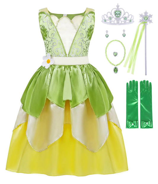 COTRIO Green Fairy Tale Fancy Dresses Girls Frog Princess Tiana Dress Toddler Kids Birthday Party Halloween Costume Outfits with Accessories Role Play Clothes Size 6 (5-6 Years Green)