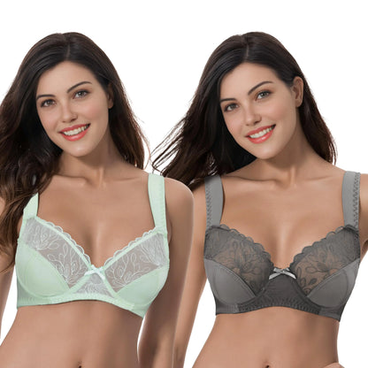 Curve Muse Womens Plus Size Minimizer Underwire Bra with Lace Embroidery-2 Pack-Dark GreySage-38D