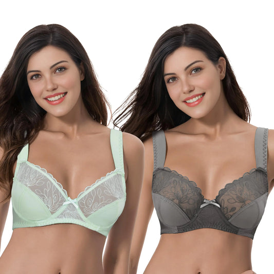 Curve Muse Womens Plus Size Minimizer Underwire Bra with Lace Embroidery-2 Pack-Dark GreySage-38D