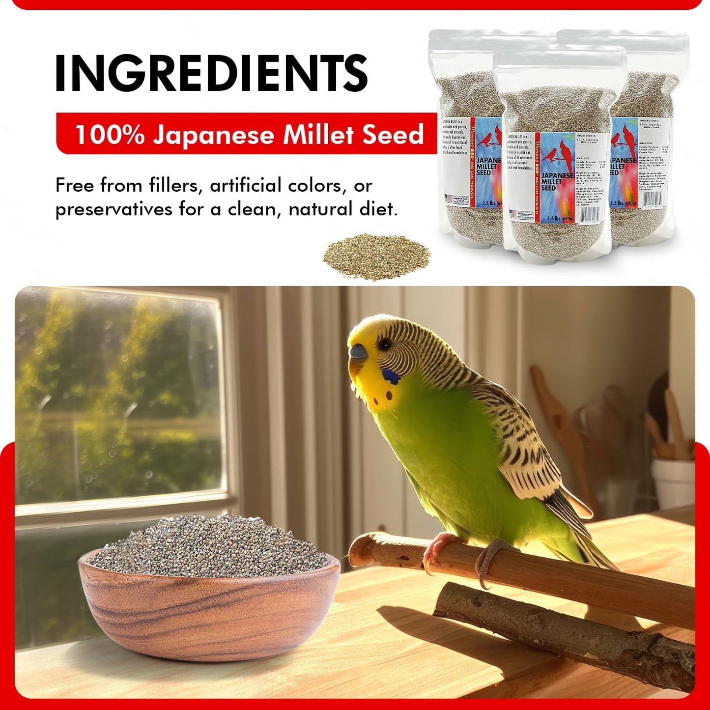 Japanese Millet Seed - Healthy & Nutritious Pet Bird Food to Support Health - Rich in Vitamins and Supplements – Ideal Bird Feed for All Seed Eating Birds 4.5 Lbs (3-Pack, 1.5 Lbs Each)