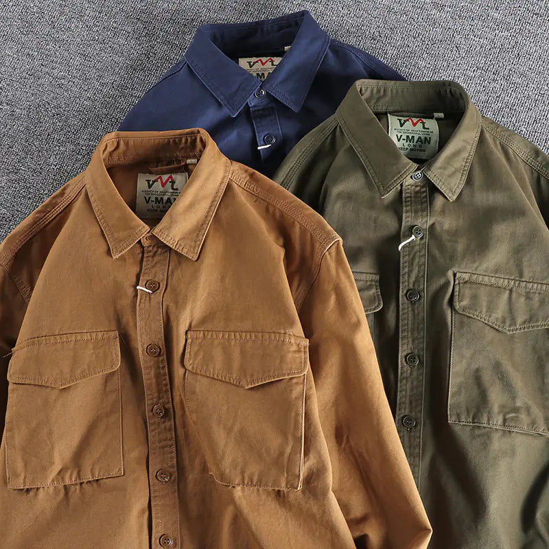 2021 Japanese Retro Workwear Pocket Shirt for Men