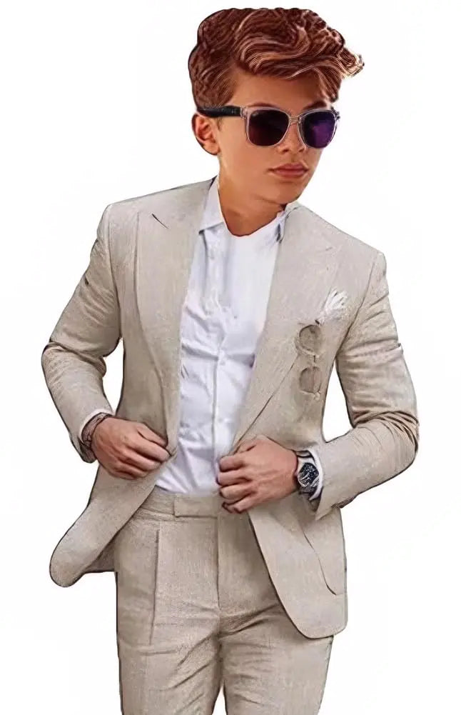 Mi Bo Tong Boys Linen Suit for Wedding 2 PC Kids Linen Suit for Summer Boys Formal Suit Ring Bearer Outfit Beige 14T