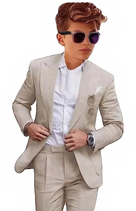 Mi Bo Tong Boys Linen Suit for Wedding 2 PC Kids Linen Suit for Summer Boys Formal Suit Ring Bearer Outfit Beige 14T