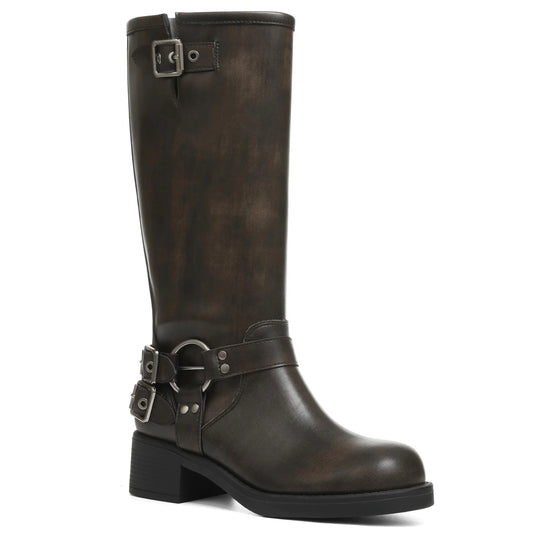 AMINUGAL Brown Knee High Boots Women Square Toe Pull On Boots Wide Calf Riding Boots Fashion Buckles Chunky Boots Metallic Casual Vintage Buckle Rivet Boots Size 10